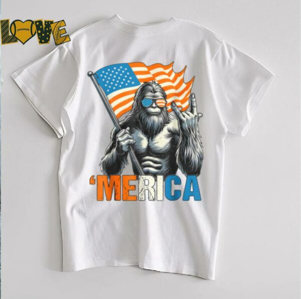 Bigfoot Merica Rock American Flag Patriotic 4th Of July T Shirt