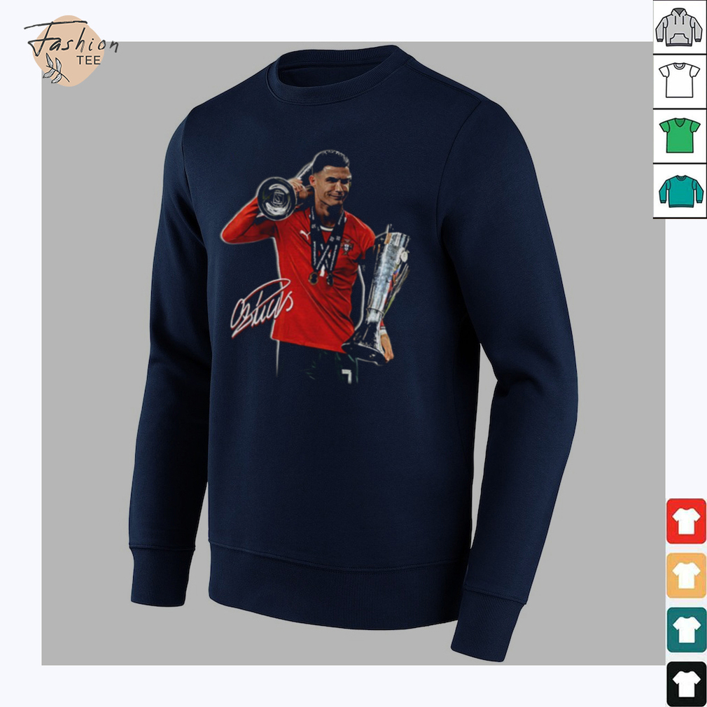 Cristiano Ronaldo holding Trophy UEFA Nations League 2025 signature shirt Cristiano Ronaldo holding Trophy UEFA Nations League 2025 signature shirt