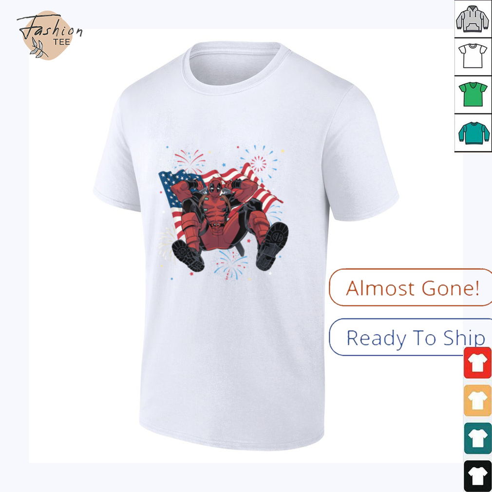 Marvel Deadpool 4th Of July Fireworks & Waving Flag Logo T Shirt - Close Up Design