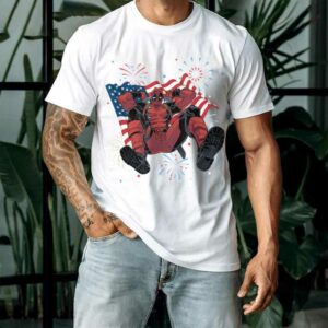 Marvel Deadpool 4th Of July Fireworks & Waving Flag Logo T Shirt