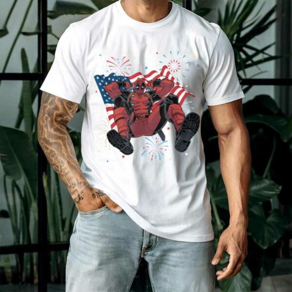 Marvel Deadpool 4th Of July Fireworks & Waving Flag Logo T Shirt