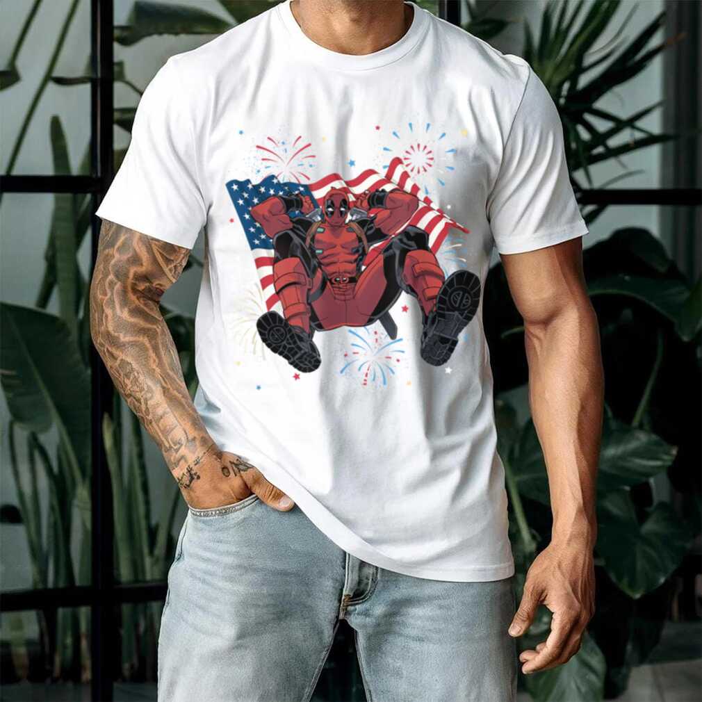 Marvel Deadpool 4th Of July Fireworks & Waving Flag Logo T Shirt - Back View