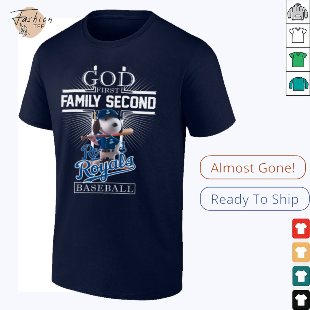 Snoopy God First Family Second Then Kansas City Royals Baseball T Shirt - Front View